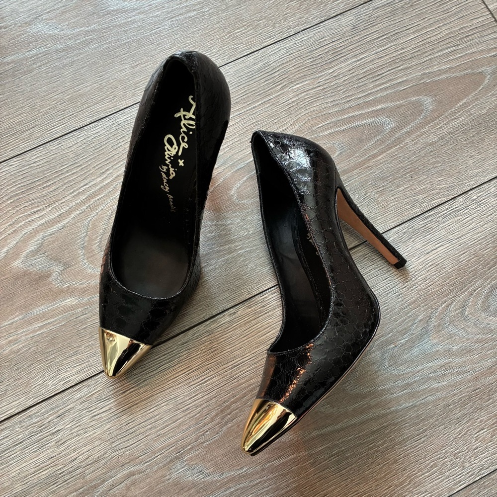 Alice + Olivia Black Patent Pointed Toe Pumps with Gold Cap